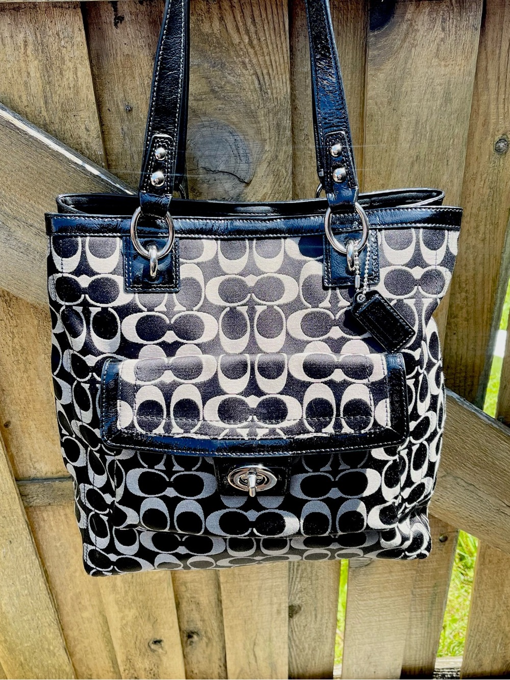 Vintage Coach Black Penelope Signature Sateen purse  with Leather Trim F19262